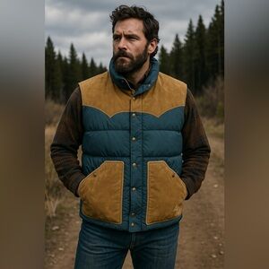 Vintage 1970s Gerry Down Vest – Blue /Tan Suede Heritage Outdoor EVPC 2XL #2508